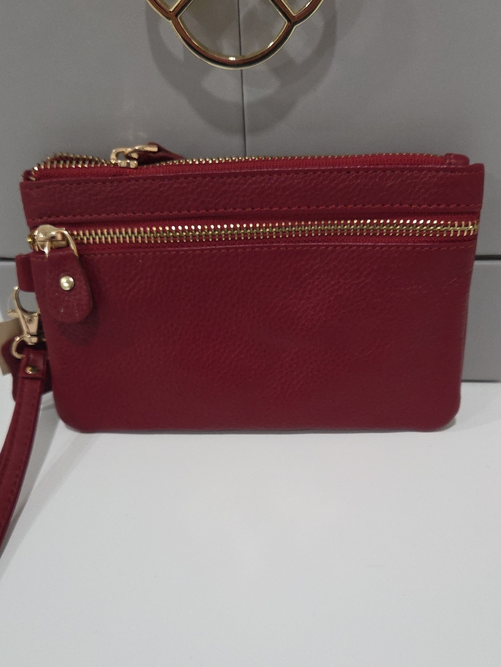 Elegant Red Leather Wristlet Clutch - Gold Hardware